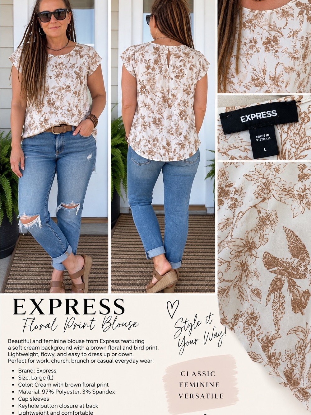 Express Cream Blouse with Brown Floral & Bird Print